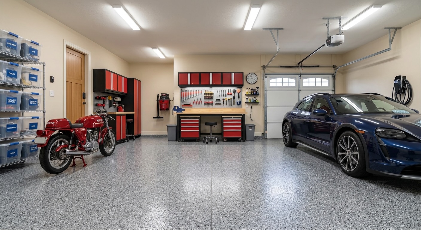 Epoxy garage floor coating with decorative flake chip system in Lehi, Utah